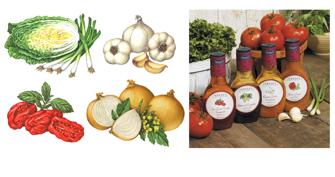 Vegetable illustrations of garlic, Vidalia onions, sun-dried tomatoes, scallions and Asian cabbage used on packaging.