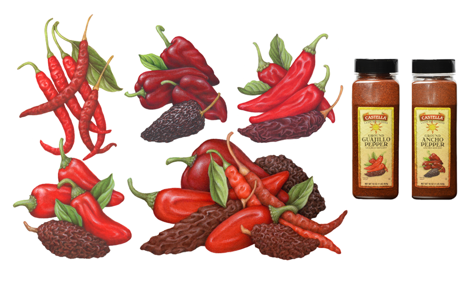 Illustrations of chilies including chipotle, ancho, arbol, and guajillo.