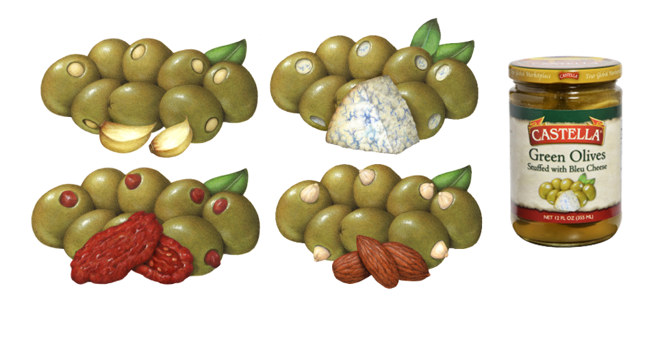 Stuffed olive illustrations for Castella Imports.