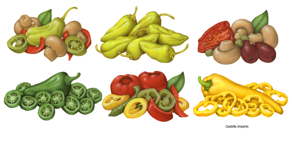 Various pepper illustrations for Castella Imports including pepperancini, Salonica, yellow banana, jalapeno, sweet peps, and marinated mushrooms.