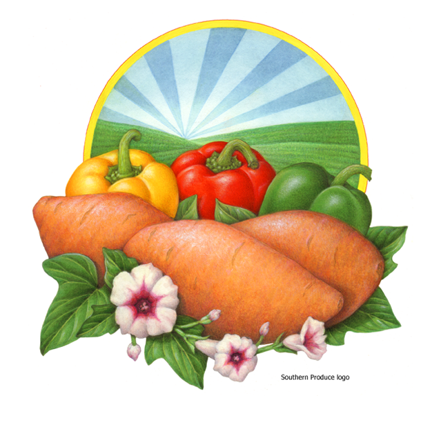 Logo illustration of peppers and sweet potatoes for Southern Produce Company.