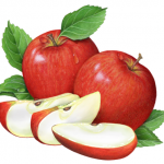 Two whole red apples and four apple slices with leaves