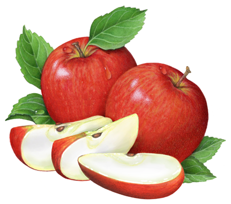 Two whole red apples and four apple slices with leaves