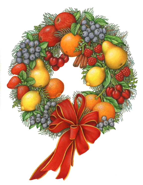 Christmas fruit wreath with apples, blueberries, cherries, pears, lemons, oranges, strawberries and raspeberries