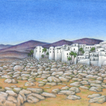 White-washed Greek desert village scene