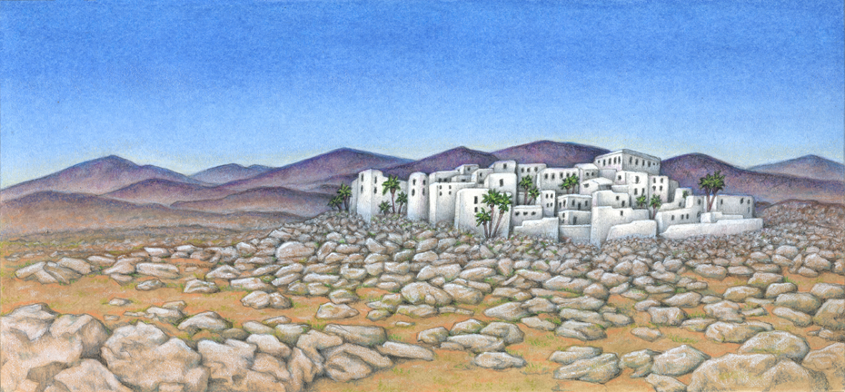 White-washed Greek desert village scene