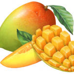 Mango whole with a cut half mango that has been cubed plus a mango slice