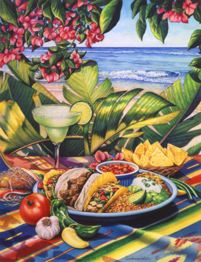 Tropical beach scene with Mexican food. salsa ingredients, and a Margarita on a Mexican blanket.
