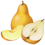 Whole yellow Bartlett pear with a cut pear half and slice
