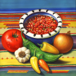 Salsa and its ingredients including tomato, onion, garlic, jalapeno peppers and Anaheim pepper