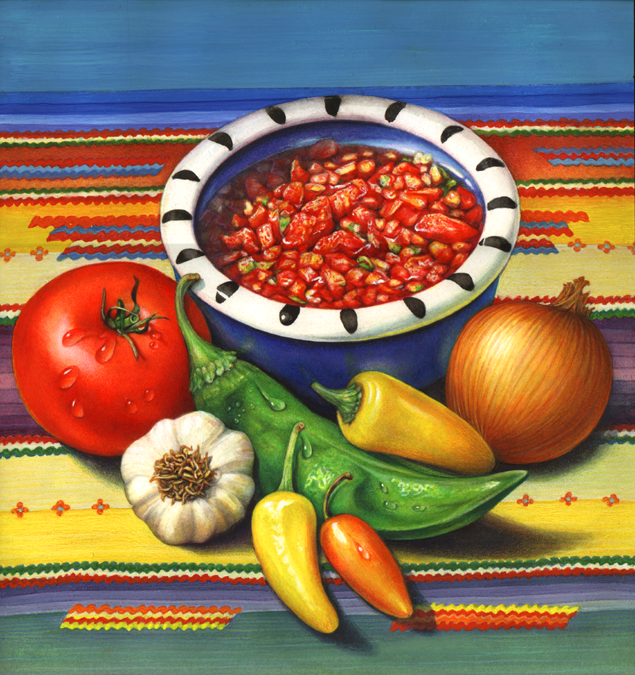 Salsa and its ingredients including tomato, onion, garlic, jalapeno peppers and Anaheim pepper