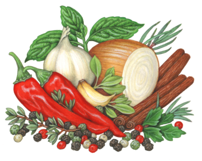Spice and herbs still life with basil, parsley, herbs, garlic, onion, peppercorns, red chili peppers and cinnamon
