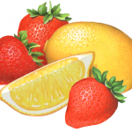 Three strawberries, one whole lemon and one lemon wedge