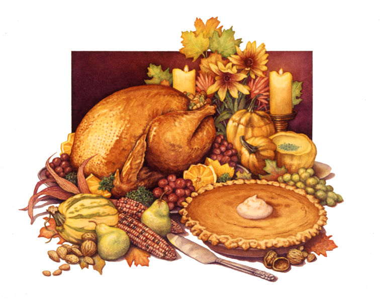 Thanksgiving food still life with roast turkey, pumpkin pie, squash, fruit and flowers