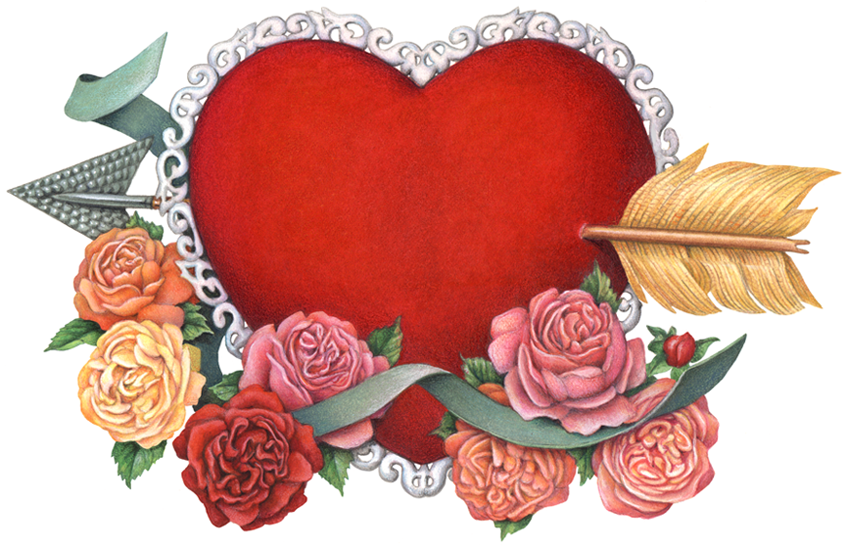 Valentine's Day red heart pillow with lace and arrow through it, with roses and green ribbon.