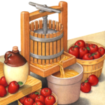 Scene of an apple cider press with a jug and bushel baskets of apples.