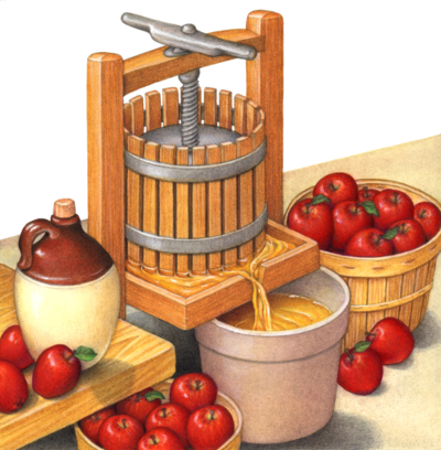 Scene of an apple cider press with a jug and bushel baskets of apples.