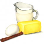 Baking ingredients including small pitcher of milk, cinnamon stick, quarter of butter and an egg