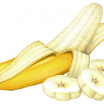 Half peeled banana with three banana slices