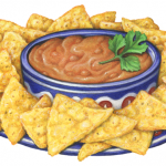 Blue plate of corn tortilla chips with a bowl of bean dip
