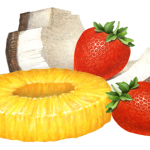 Two strawberries, one pineapple ring and one coconut piece