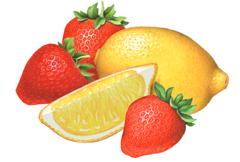Strawberry Lemonade ingredients with three whole strawberries, one whole lemon and one lemon slice