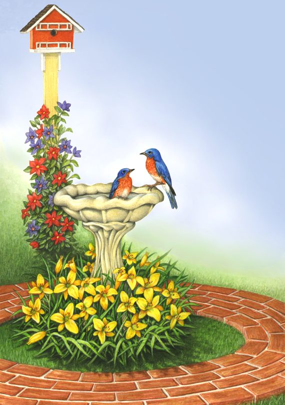 Garden scene with flowers, a birdhouse, and bluebirds in a birdbath with a blue sky background