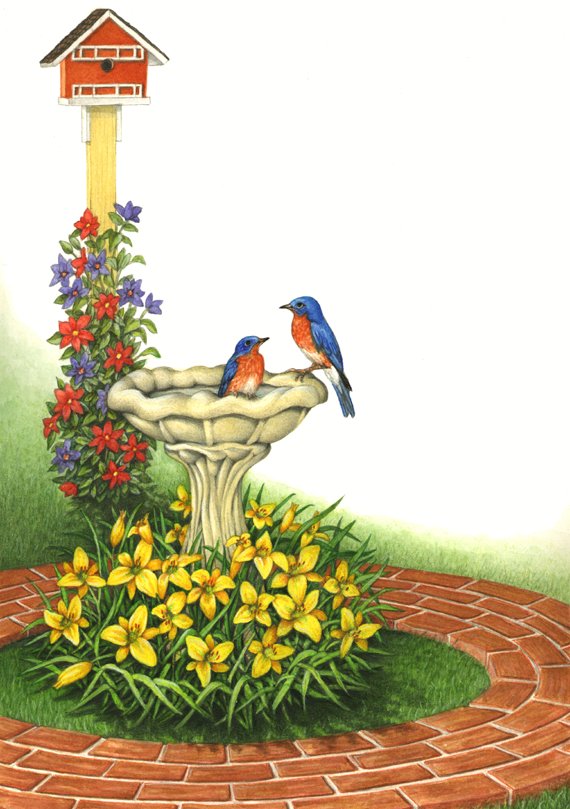 Garden scene with flowers, a birdhouse, and bluebirds in a birdbath