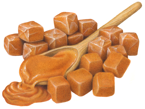 Both wrapped and unwrapped caramel cubes with a wooden spoon with melted caramel
