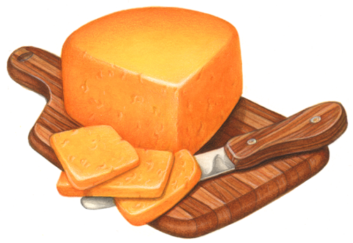 Cheddar cheese wedge on a wooden cutting board with a cheese knife and three cut cheese slices
