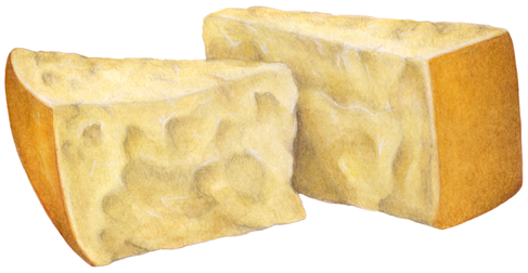 Two triangular wedge chunks of Parmesan cheese