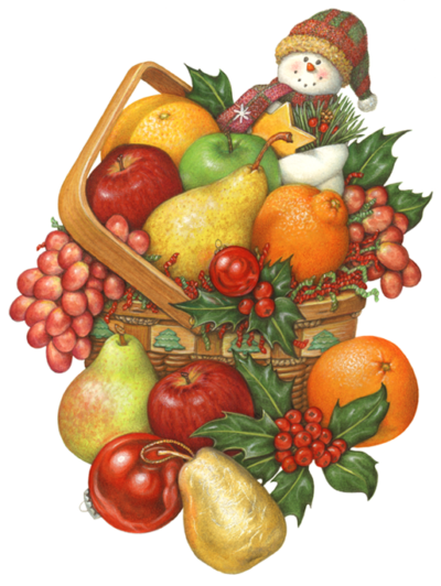 A Christmas basket filled with apples, grapes, pears, oranges, tangerines, mandarin oranges, holly and a snowman ornament.
