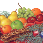 Christmas fruit basket filled with oranges, pears, grapes, apples and nuts with pine, spruce branches on a red tablecloth