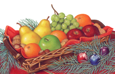 Christmas fruit basket filled with oranges, pears, grapes, apples and nuts with pine, spruce branches on a red tablecloth