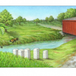Bee hives and red covered bridge scene