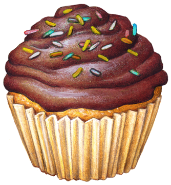 Cupcake with chocolate frosting, icing and sprinkles.