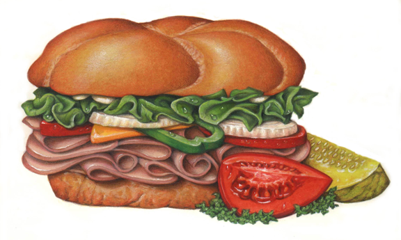 A deli sandwich with ham, cheddar cheese, lettuce, mayonnaise, tomato, pepper, onion, on a bun with a dill pickle slice and a tomato wedge for a garnish.