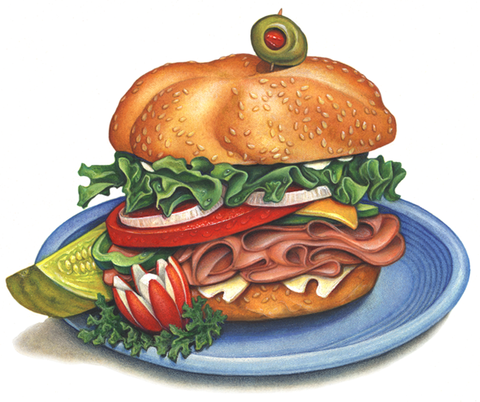 A deli sandwich with ham, Swiss cheese, lettuce, mayonnaise, tomato, pepper, onion, on a bun with a dill pickle slice and a cut radish for a garnish on a blue plate.