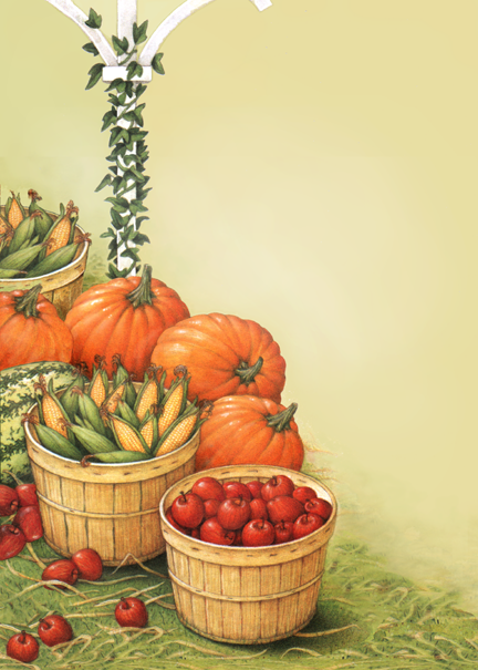 Fall harvest scene with pumpkins and bushel baskets of apples and corn