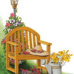 Garden scene with flowers, wooden chair, light post, watering can, garden hat and flower basket