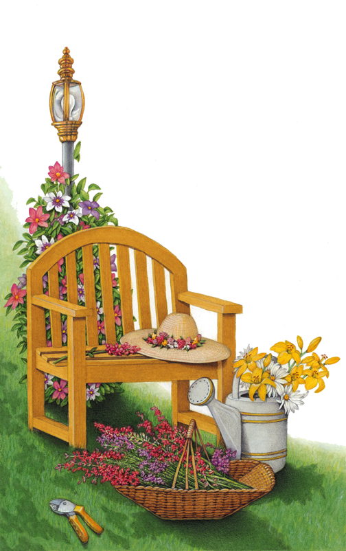 Garden scene with flowers, wooden chair, light post, watering can, garden hat and flower basket