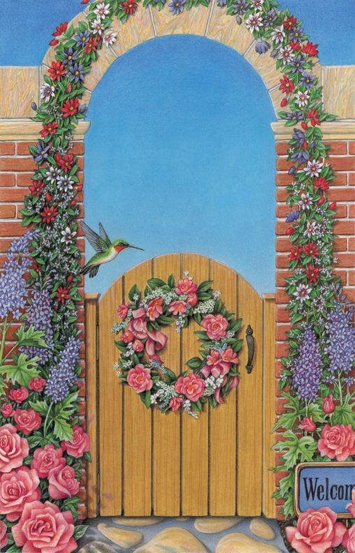 Garden gate scene with flowers and hummingbird