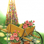 Garden scene with a wheelbarrow, flower trellis, flowers and pots