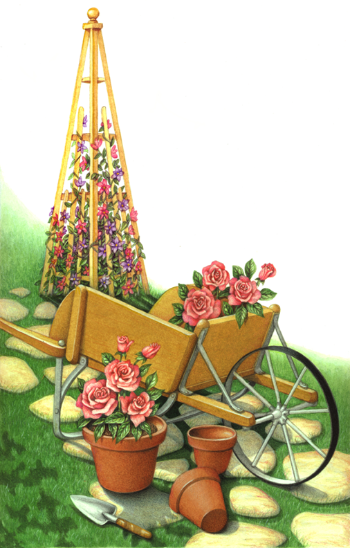 Garden scene with a wheelbarrow, flower trellis, flowers and pots