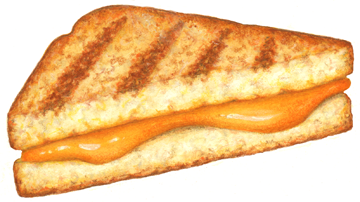 Cut grilled cheese sandwich with melted cheddar cheese.
