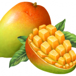 Mango whole with a cut half mango that has been cubed