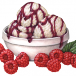Vanilla ice cream in a white bowl with drizzled raspberry Melba sauce and raspberries