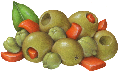 Alcaparrado medley of pitted and stuffed green olives, pimento, sweety pep strips, and capers