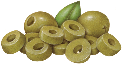 Two whole green olives with a mound of sliced green olives