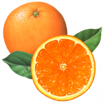 Whole orange with a cut orange half and leaves